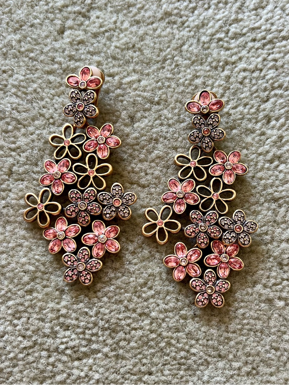 Oscar de la Renta Spring 2014 Gold & Pink Floral Crystal Chandelier Earrings